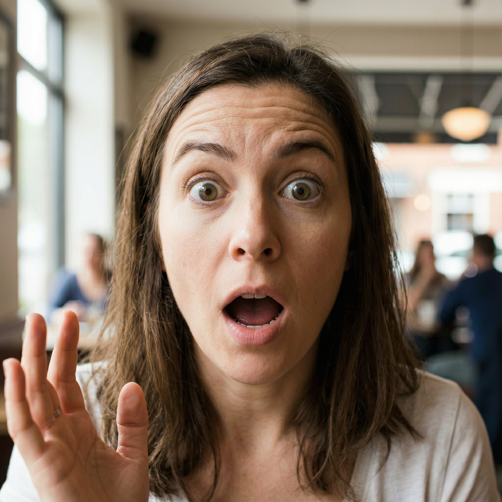 A portrait capturing genuine surprise — raised eyebrows, wid