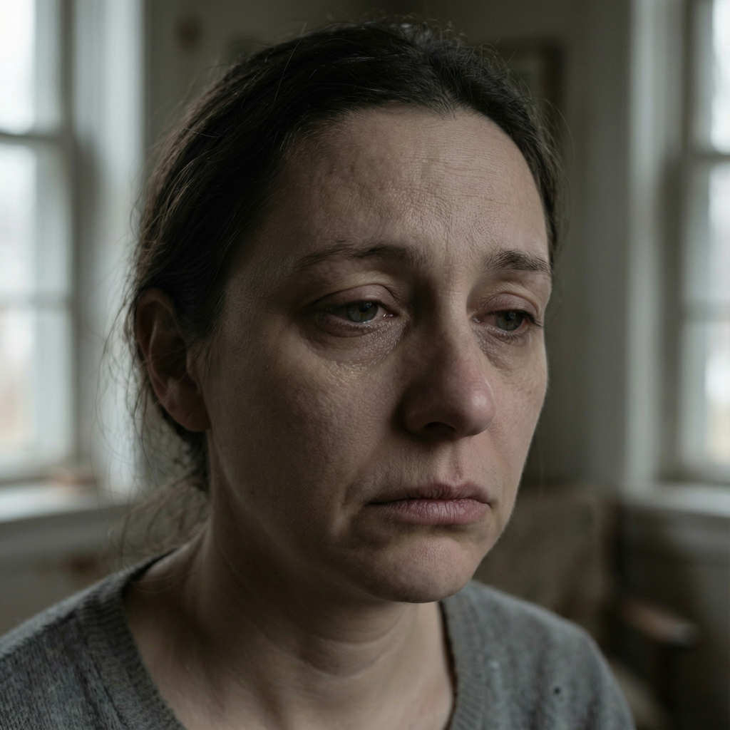 A face showing quiet melancholy — downcast eyes, slightly dr