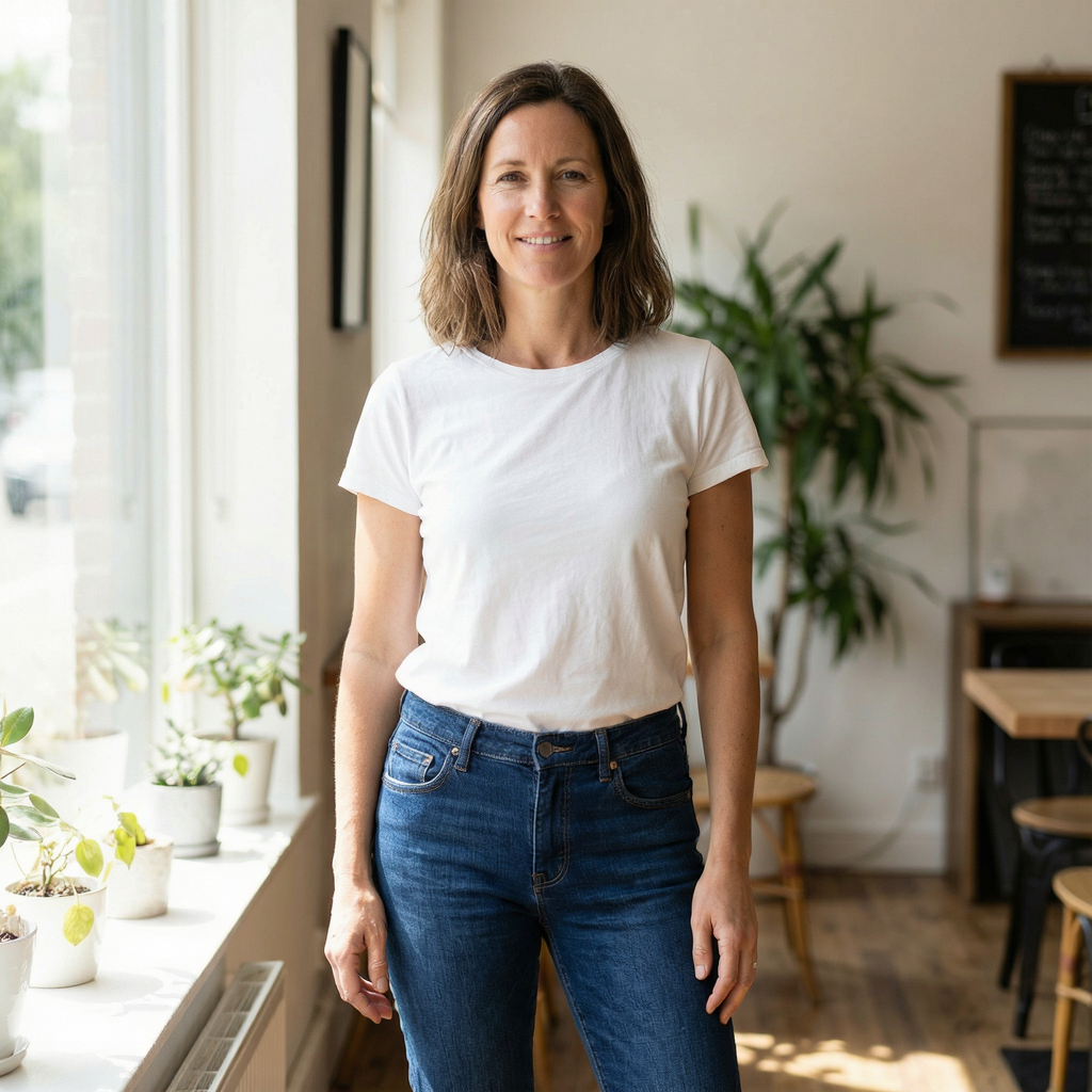 A woman standing upright in a relaxed pose, arms at her side