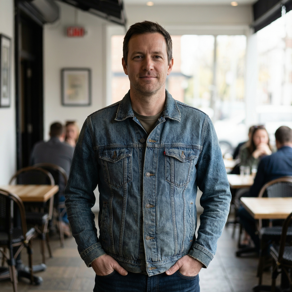 A man standing straight facing the camera, hands in pockets,
