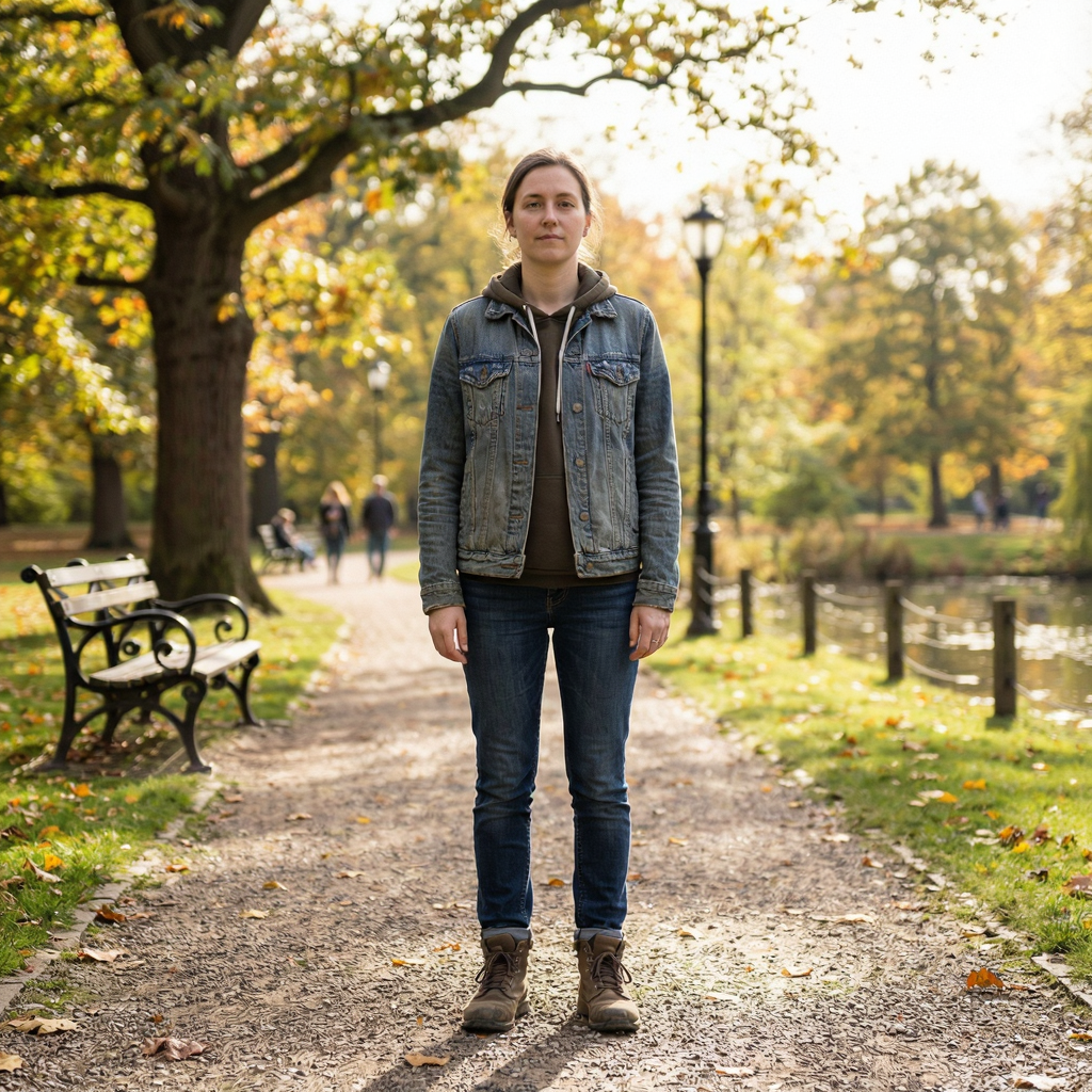 A person standing in a neutral pose in a park, full body vis