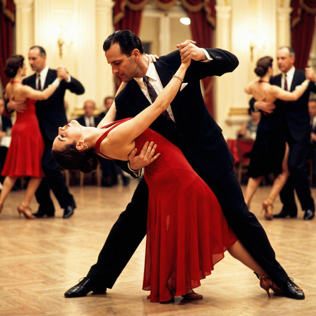 Two tango dancers in a close embrace, the man dipping the wo