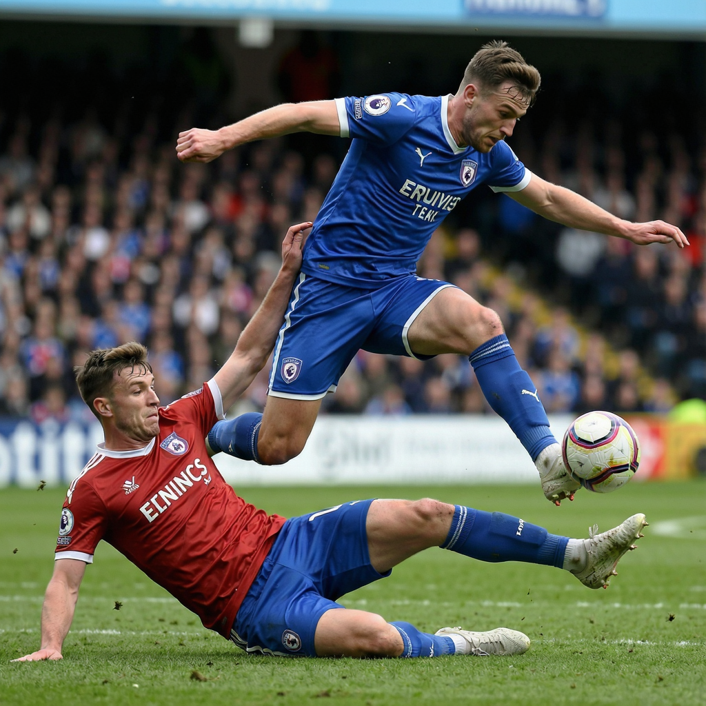 Two soccer players mid-tackle, one sliding and the other jum