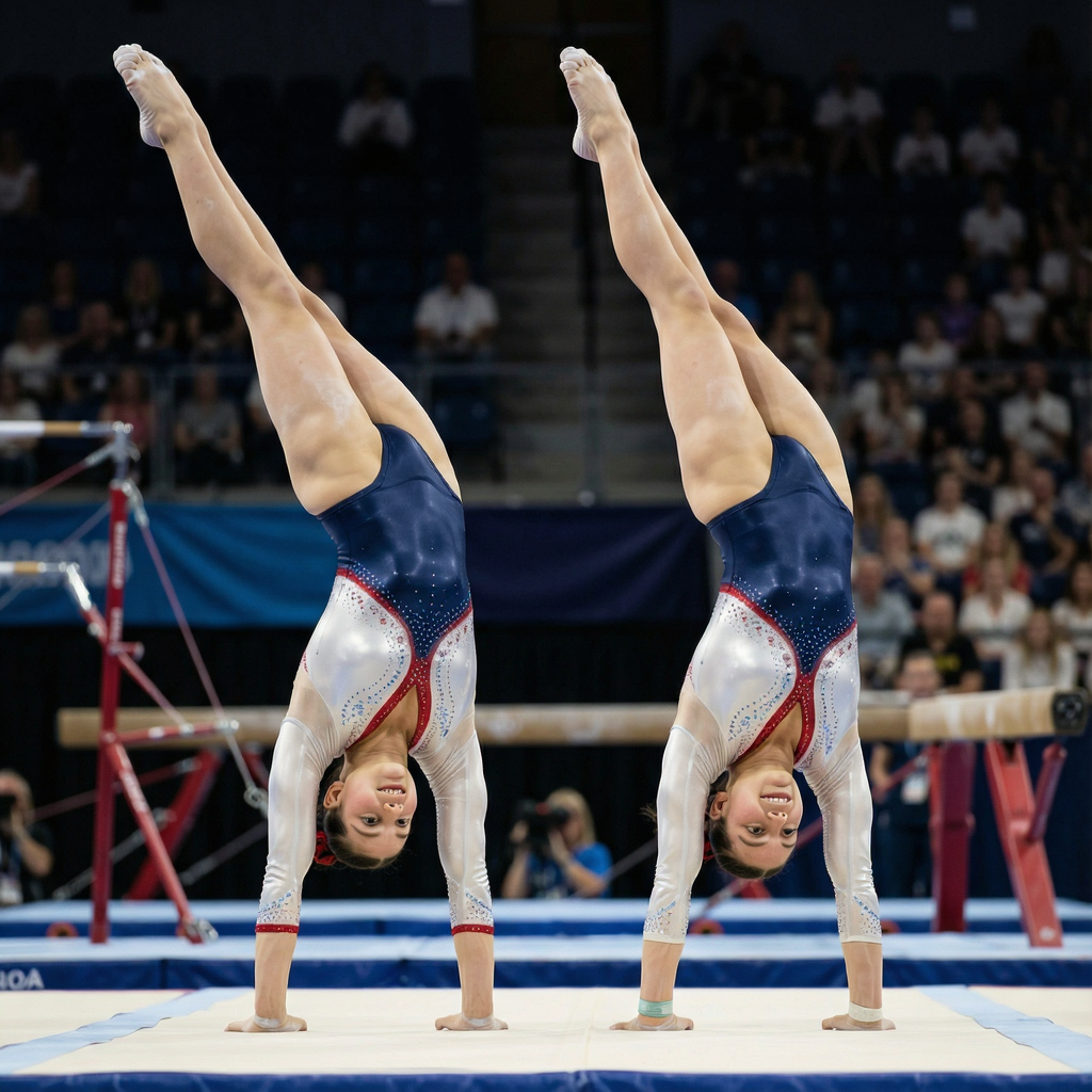 Two gymnasts performing a synchronized handstand, side by si