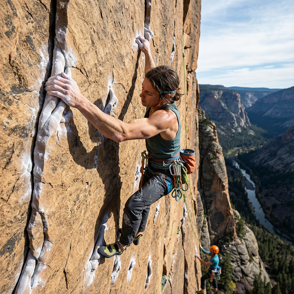 A rock climber clinging to a cliff face with arms and legs e