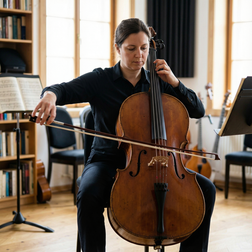 A cellist seated with correct posture, legs around the instr