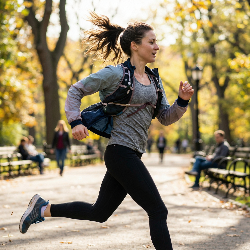 A woman mid-stride running through a park, hair and clothes 