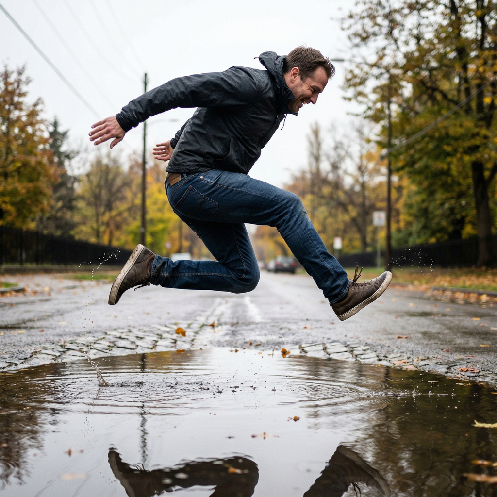 A man captured mid-jump over a puddle, body in the air with 