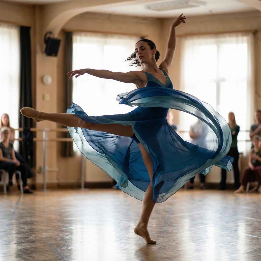 A dancer in a dynamic spin, dress flowing outward with one l