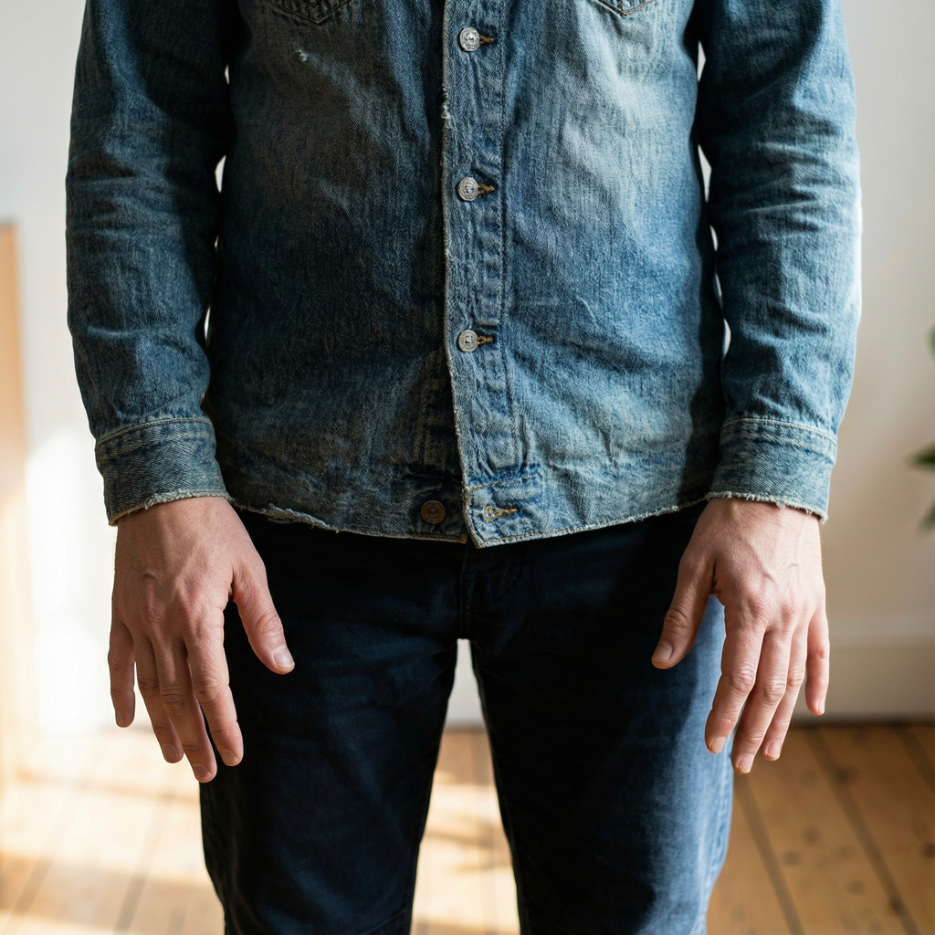 A person standing with both hands visible at their sides, fi