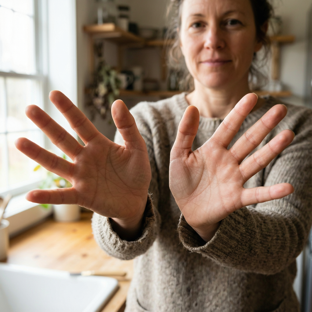 A woman holding her hands out in front of her palms-up, all 