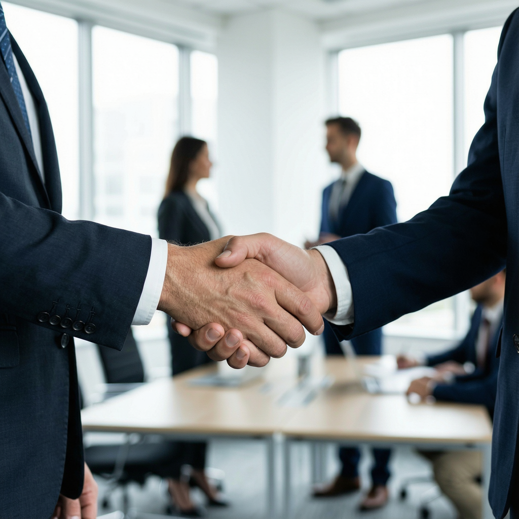 Two people shaking hands in a professional setting, all fing