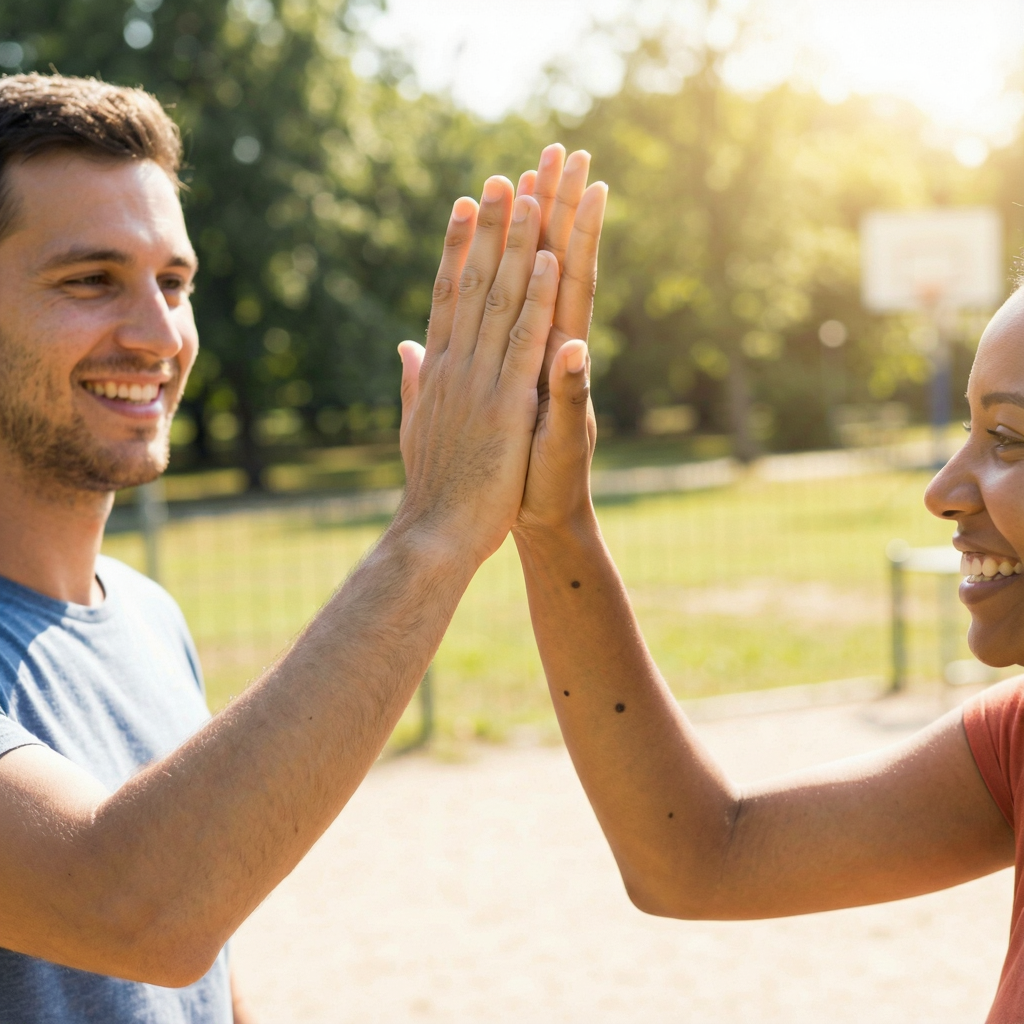 Two people doing a high-five, palms meeting with all fingers