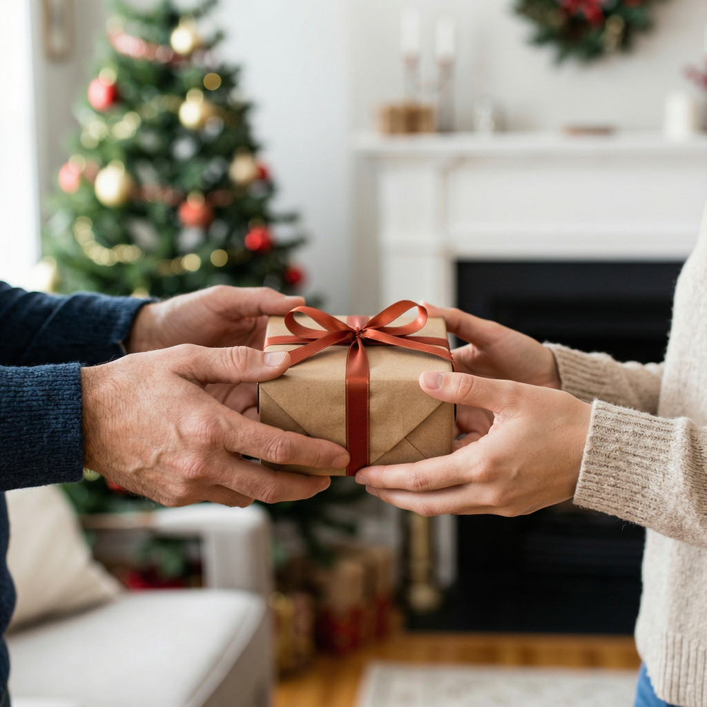 One person handing a small gift box to another person, both 