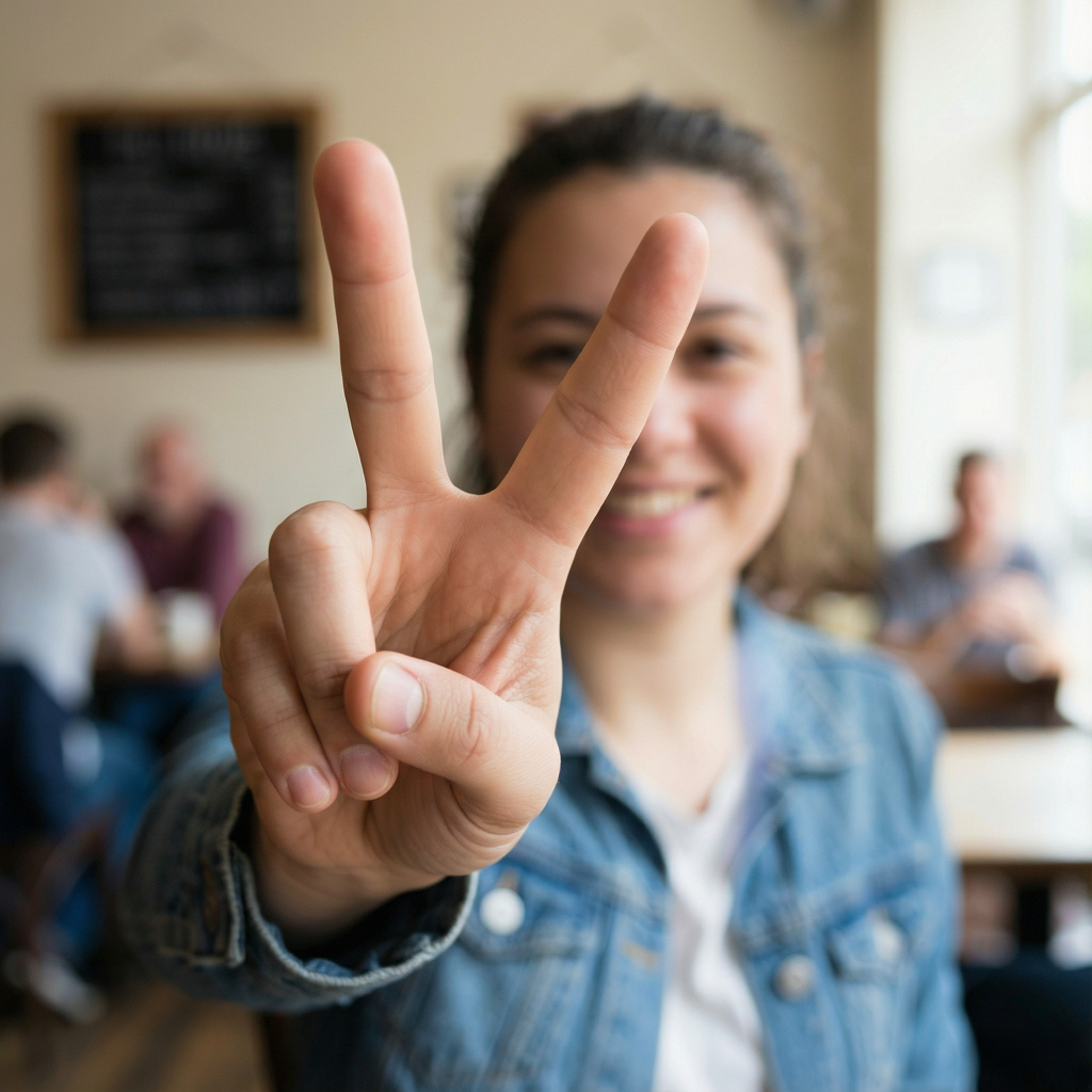 A person making a peace sign with their right hand, clearly 