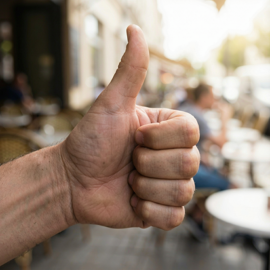 A hand giving a thumbs-up with four fingers curled and thumb