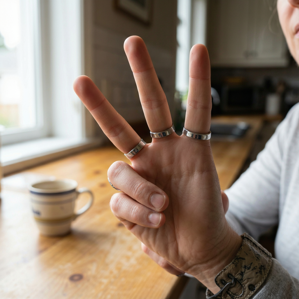 A person counting to three on their fingers, with index, mid