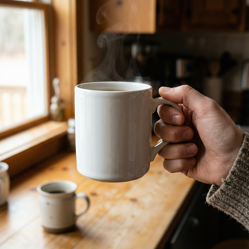 A person holding a white ceramic coffee mug by the handle wi