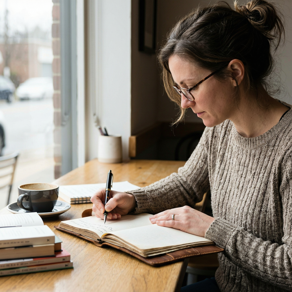 A woman writing in a notebook with a pen gripped correctly i