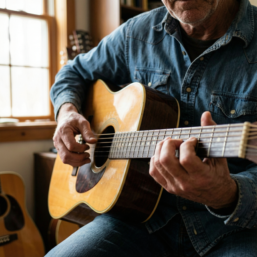 A person playing an acoustic guitar with left hand on the fr
