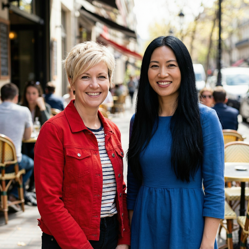 Two women standing side by side: one with short blonde hair 