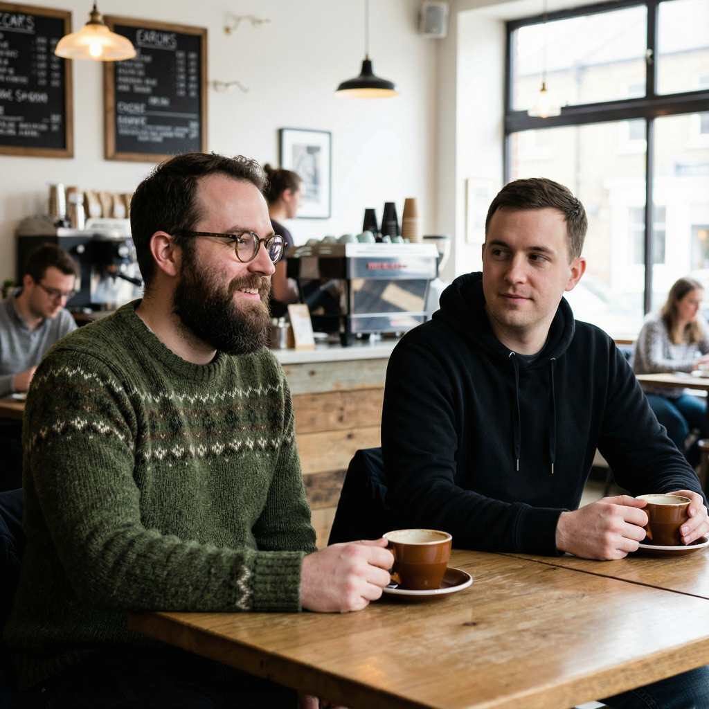 Two men at a cafe: one with a beard and glasses wearing a gr