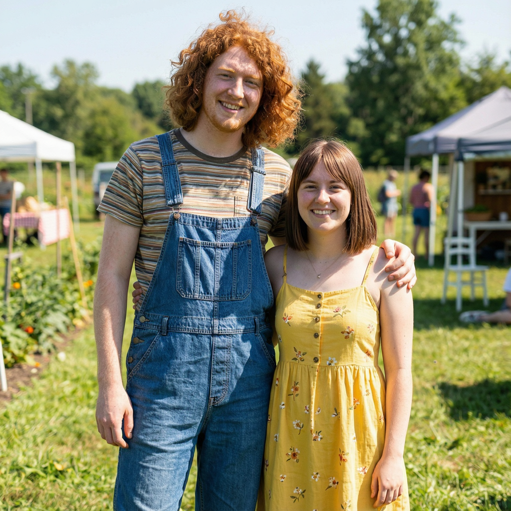 Two friends posing: one tall with curly red hair in denim ov