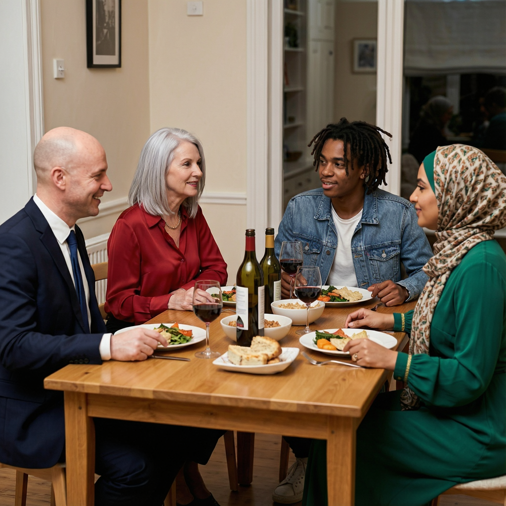 Four people at a dinner table: a bald man in a suit, a woman