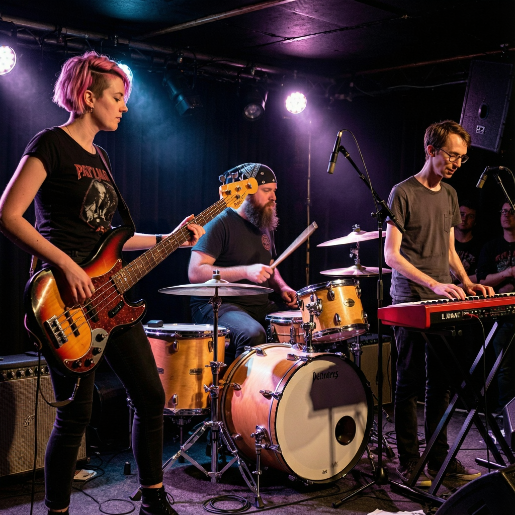 Three musicians on stage: a tall woman with short pink hair 