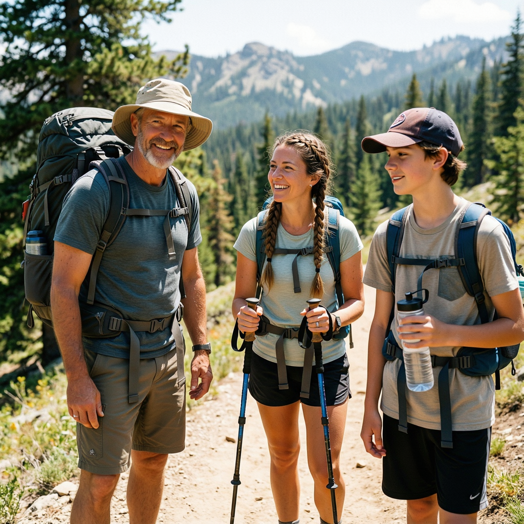 Three hikers on a trail: a man with a backpack and sunhat, a