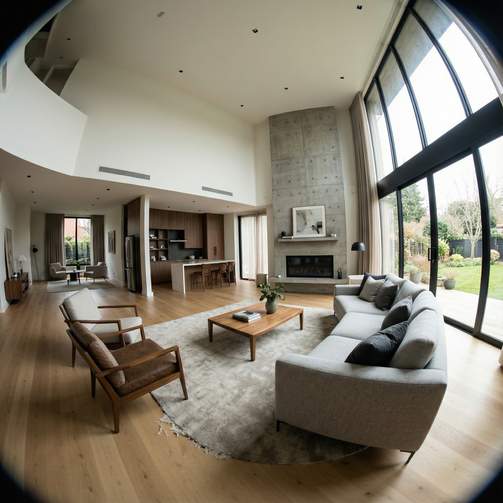 A wide-angle shot of a modern living room interior showing e