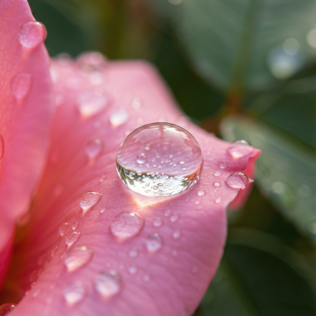 A close-up macro shot of a single dewdrop on a rose petal, s