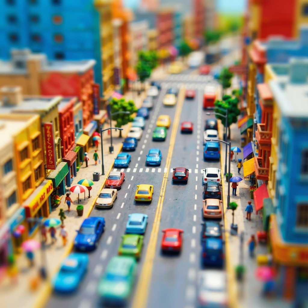 A tilt-shift photograph of a city street making real-life lo