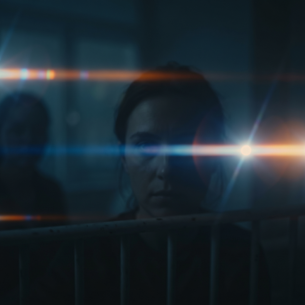 A cinematic frame with blue and orange anamorphic lens flare