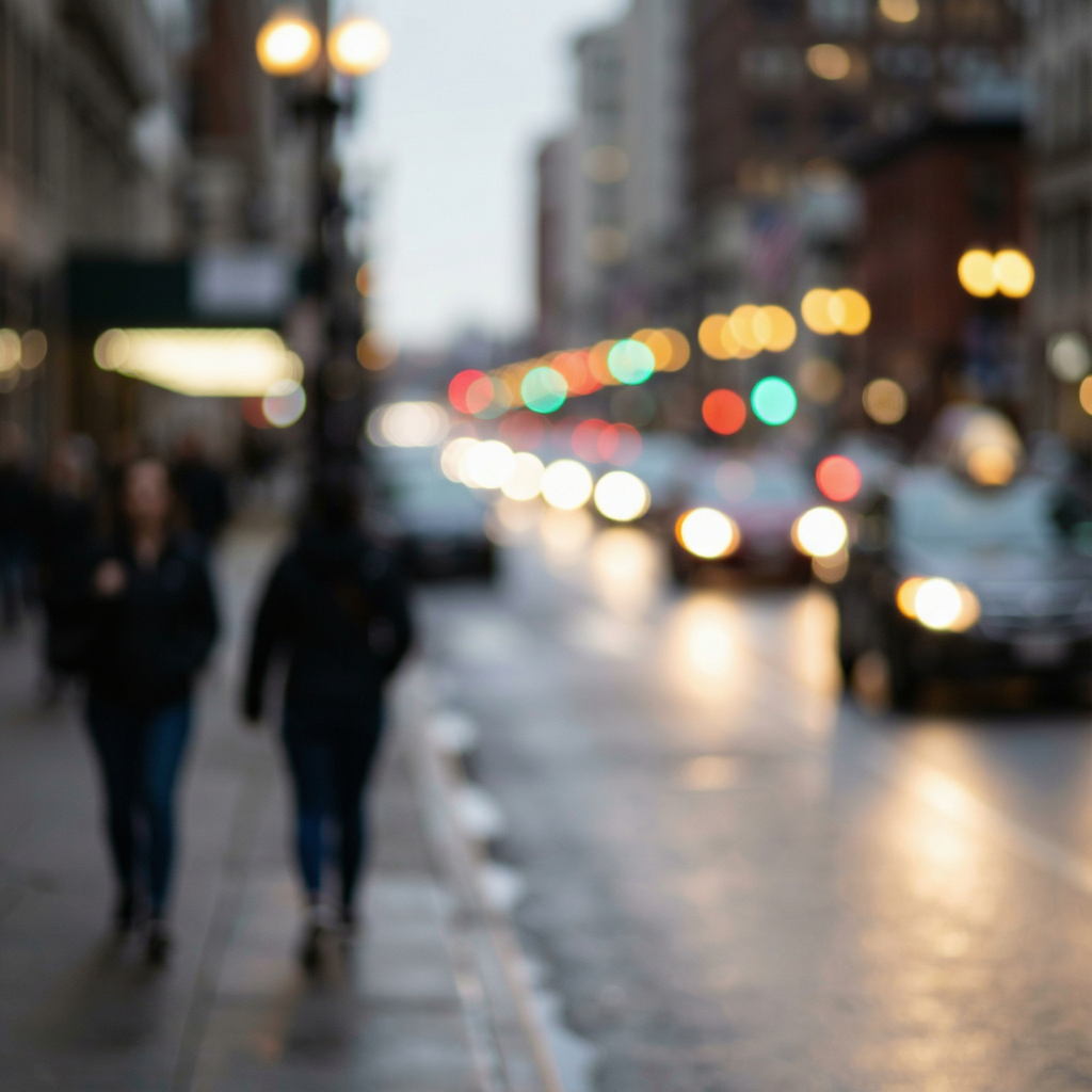 A street photograph with shallow depth of field as if shot a