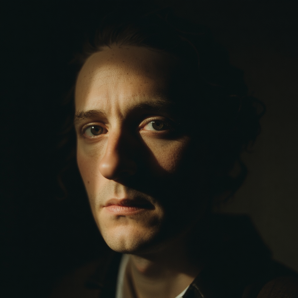 A portrait lit with classic Rembrandt lighting — triangle of