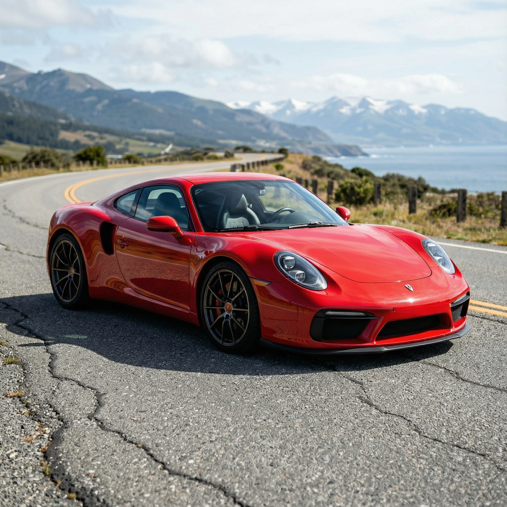A bright red sports car parked on a gray asphalt road — the 