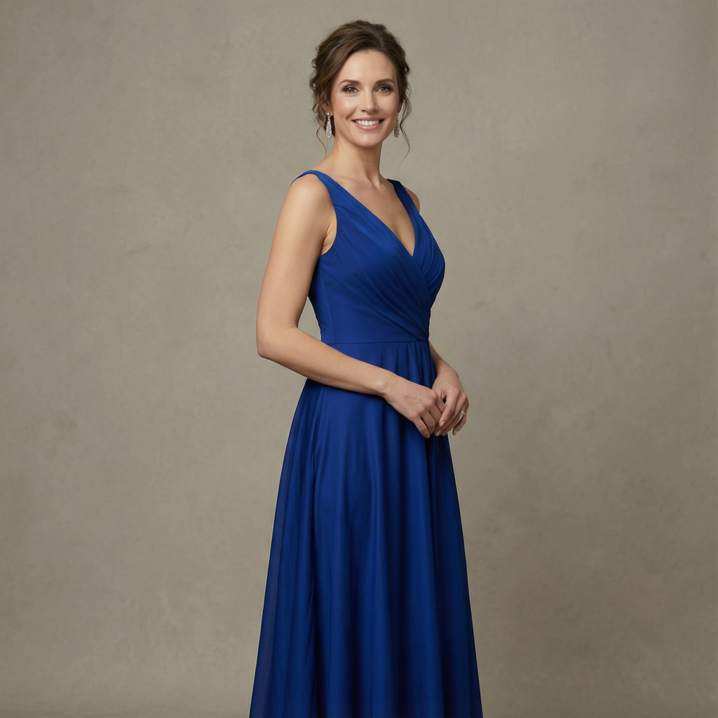 A woman wearing a royal blue evening dress against a neutral