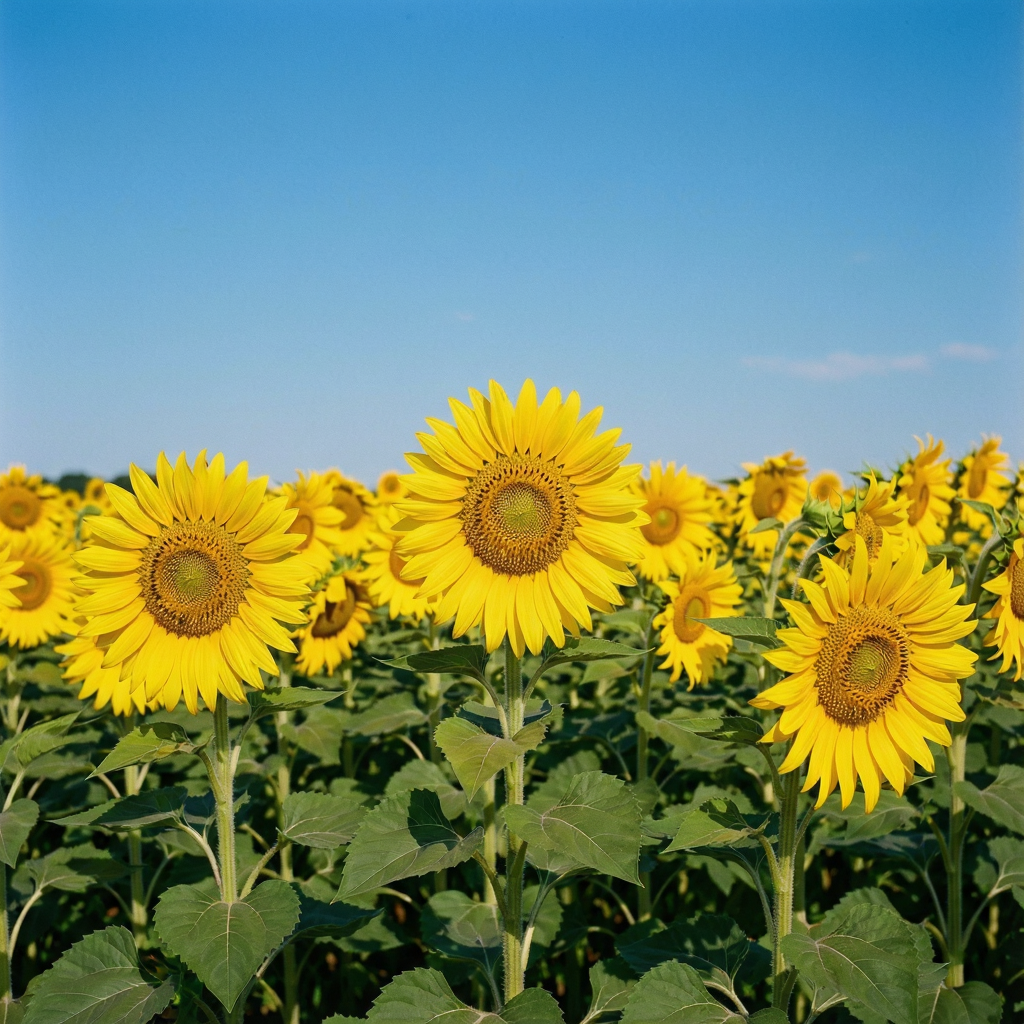 A field of pure sunflower yellow flowers under a clear blue 
