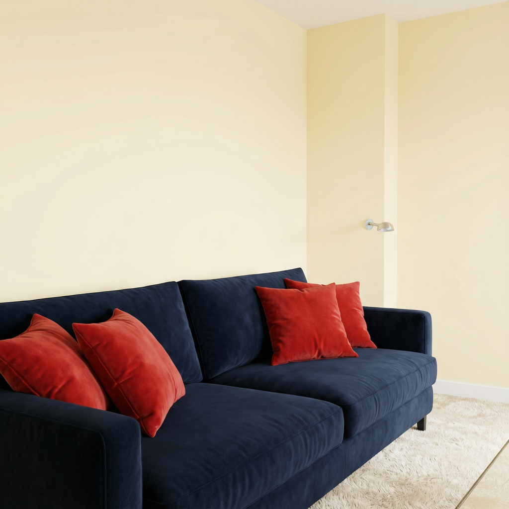A minimalist room with walls in #F5E6CC (warm cream), a sofa