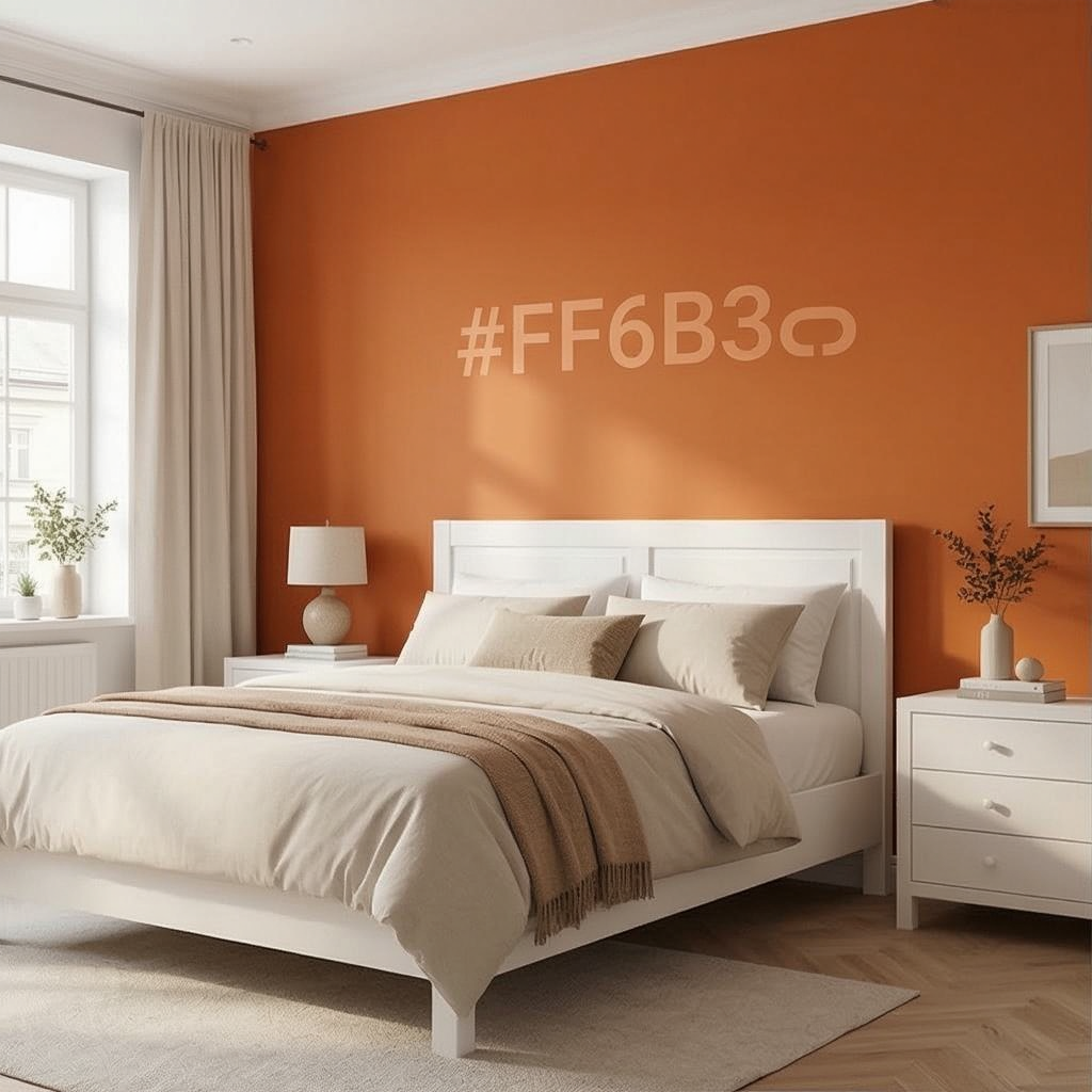 A bedroom wall painted in #FF6B35 (burnt orange) with white 