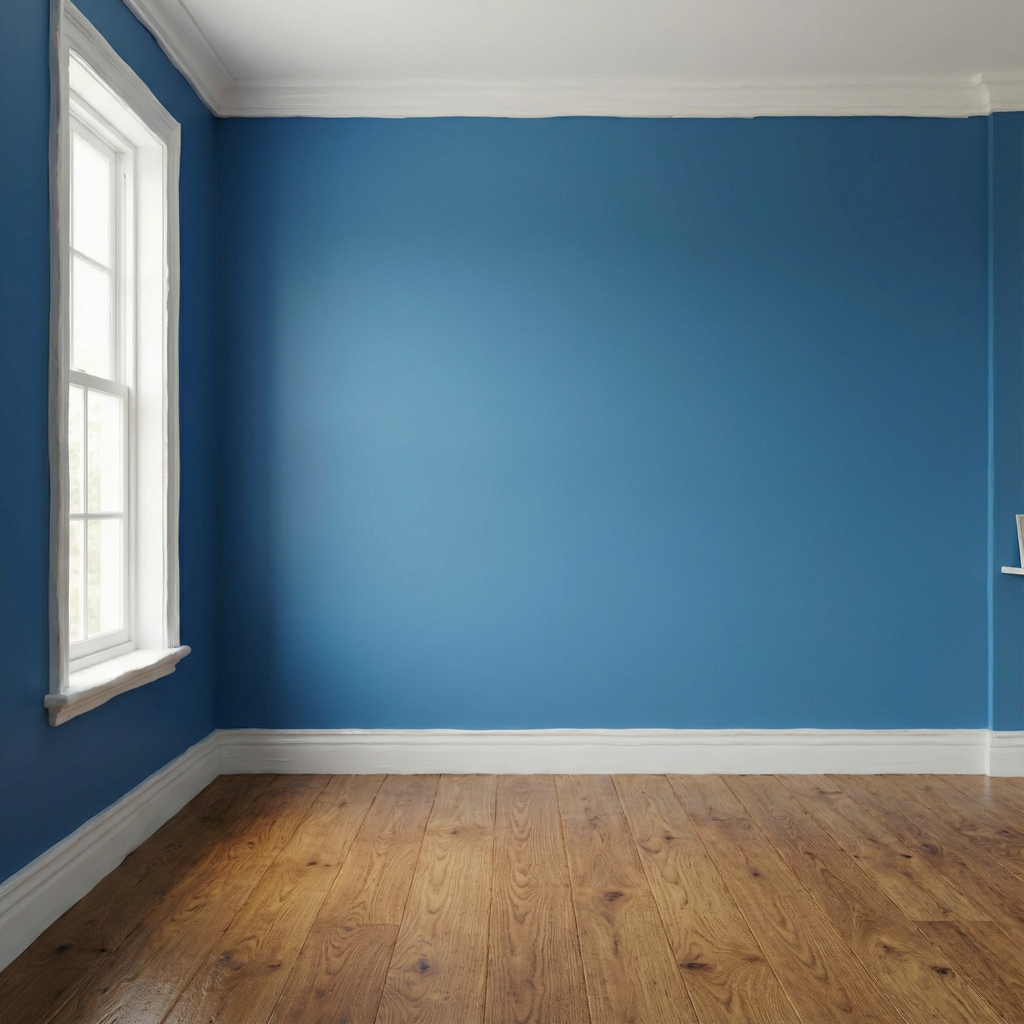 A room with walls in #4A90D9 (medium blue) with warm wooden 