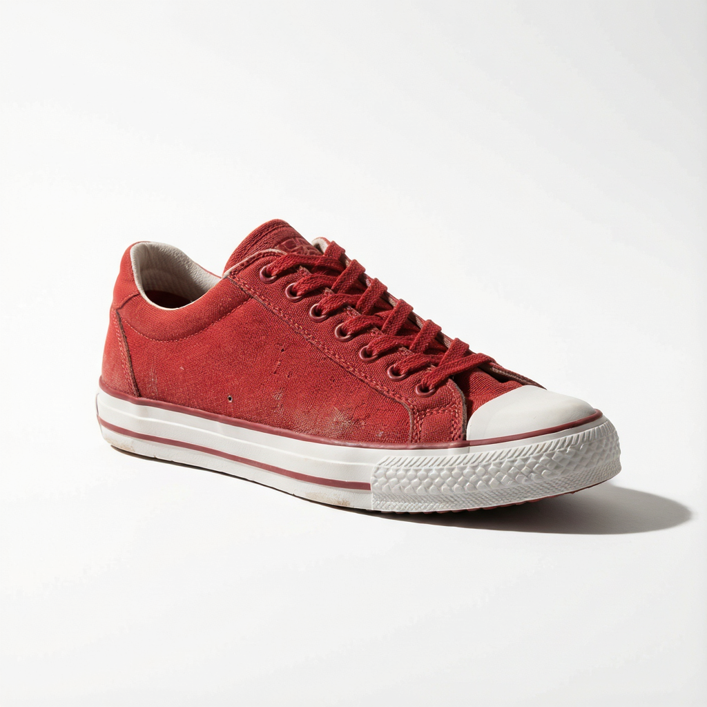 A single red sneaker on a clean white background with soft s