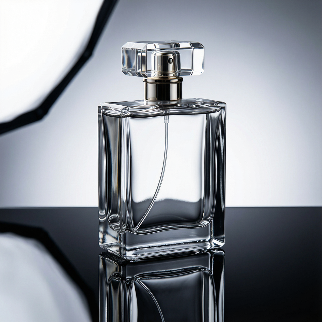 A clear glass perfume bottle on a reflective black surface w