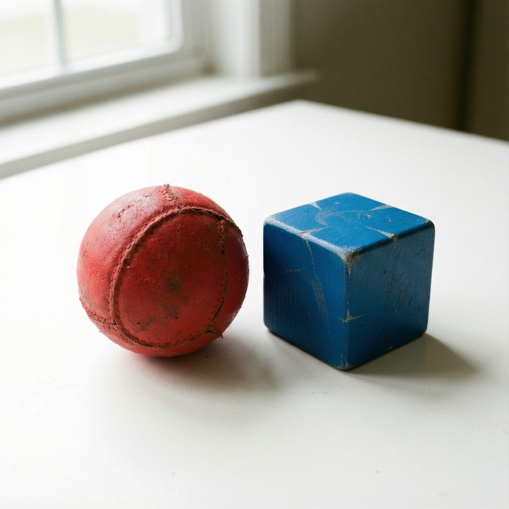 A red ball and a blue cube sitting side by side on a white s