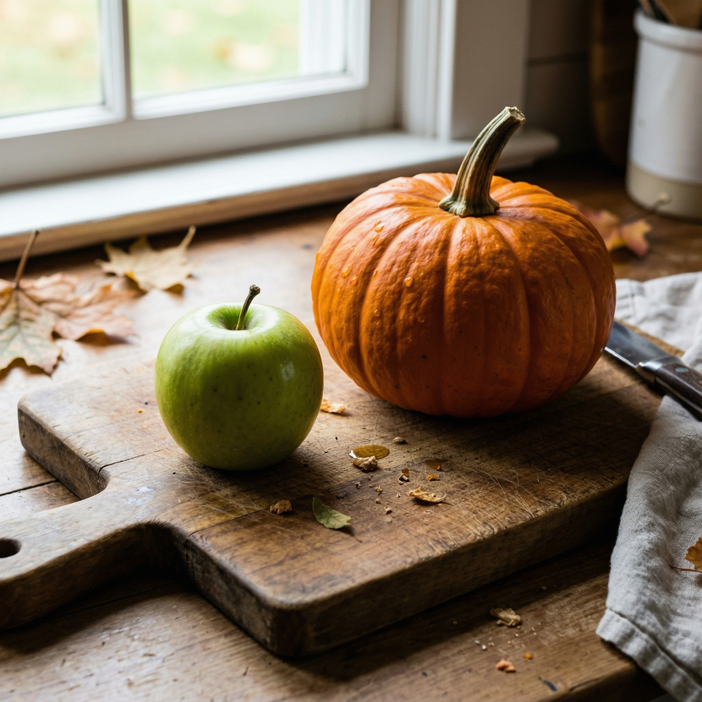 A green apple and an orange pumpkin on a wooden cutting boar