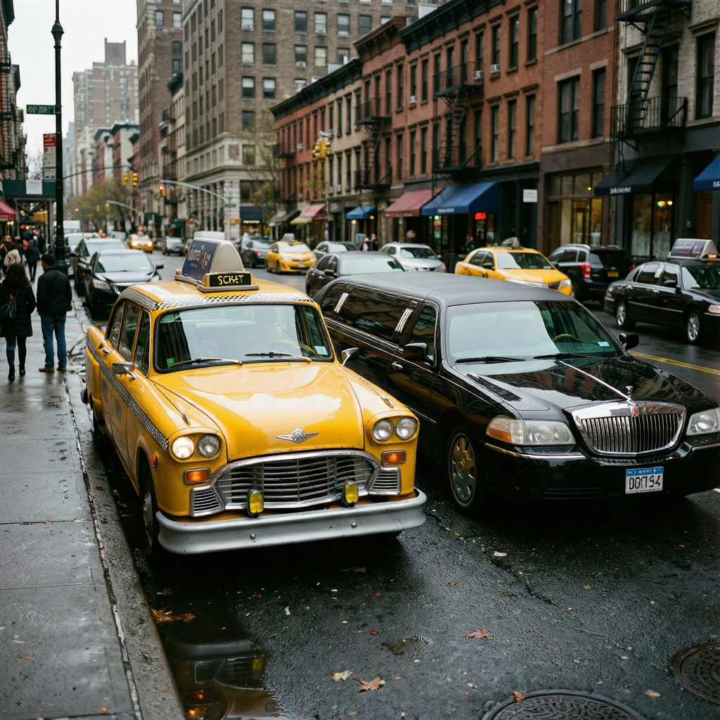 A yellow taxi and a black limousine parked next to each othe