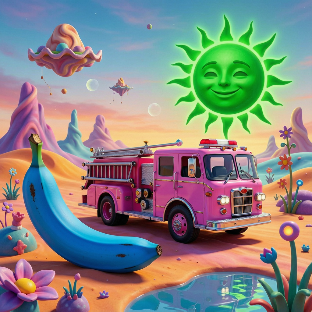 A pink fire truck, a blue banana, and a green sun in a surre