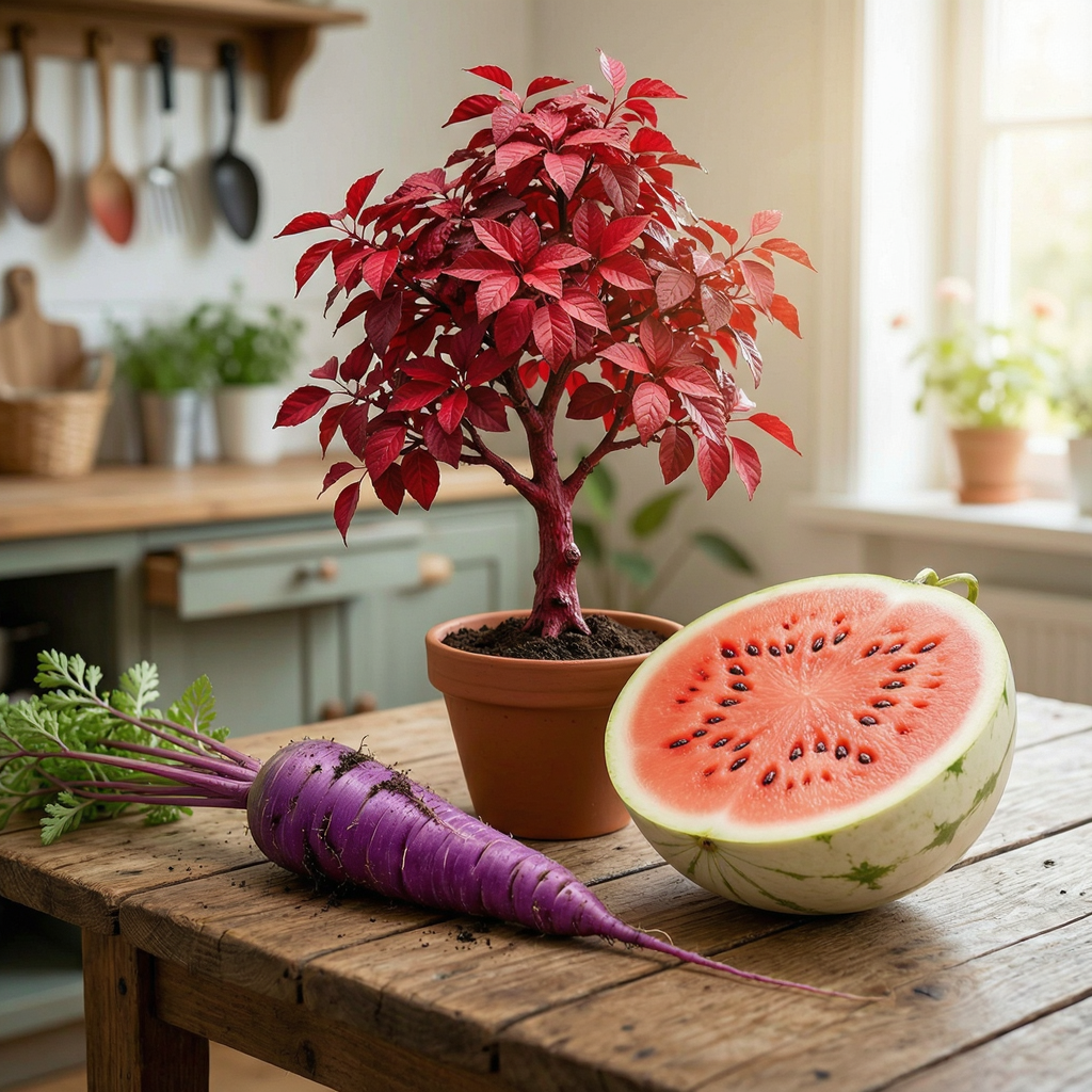 A purple carrot, a red tree with red leaves, and a white wat