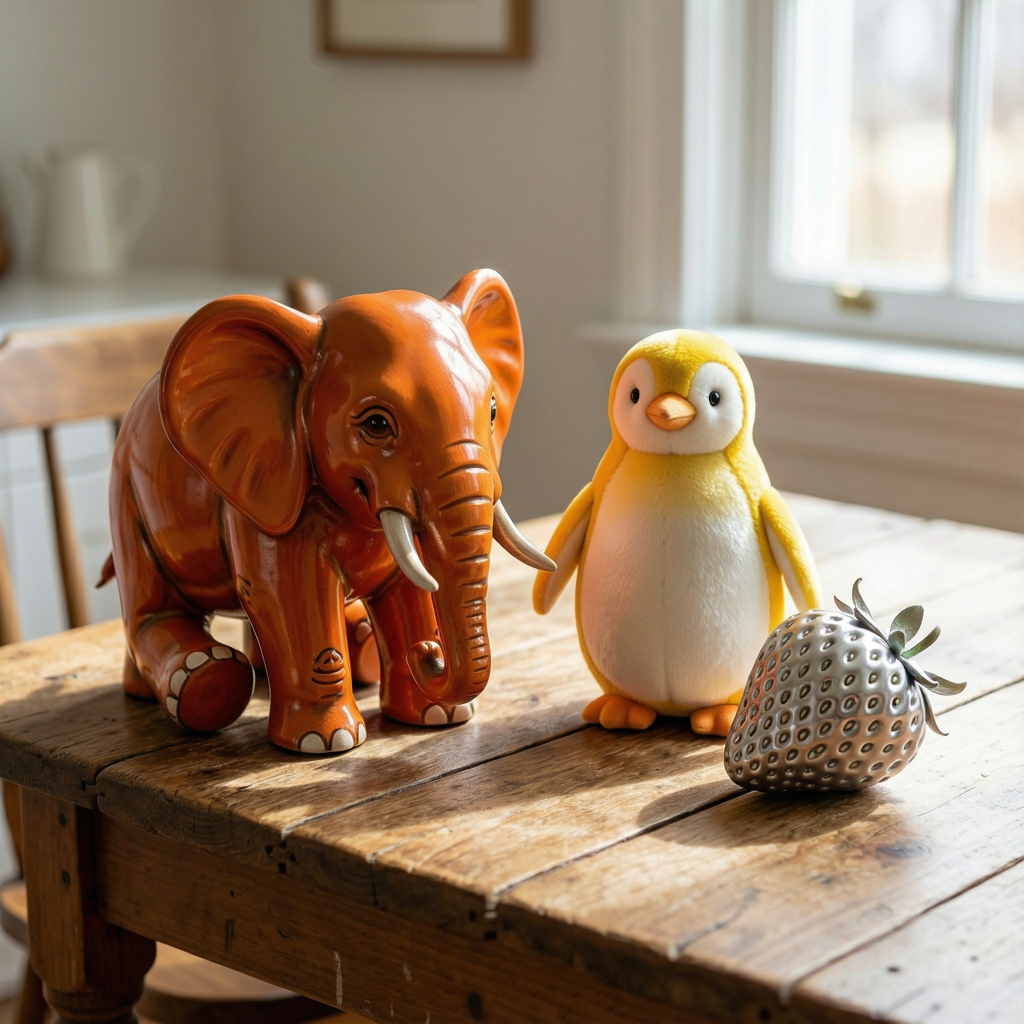An orange elephant, a yellow penguin, and a silver strawberr